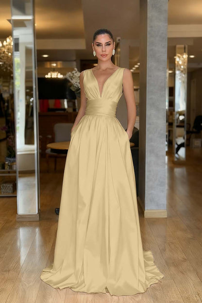 Hidais Straps Sleeveless High Waist Long Prom Dress With Pockets Pleated