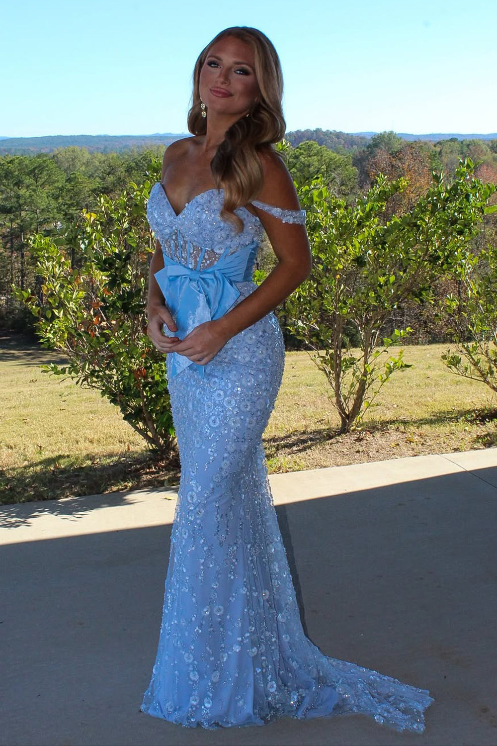 Mermaid Off the Shoulder Corset Light Blue Sequin Appliques Long Prom Dresses with Bow