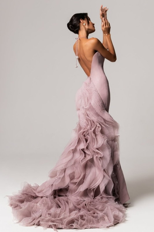 Tulle Halter Neck Strapless Sleeveless Backless Long Mermaid Prom Dress With Pleated And Ruffles