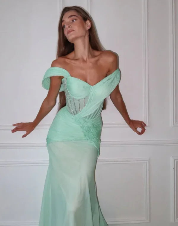 V-Neck Off-The-Shoulder Strapless Sleeveless High-Waisted Long Mermaid Prom Dress With Pleated And Sequins