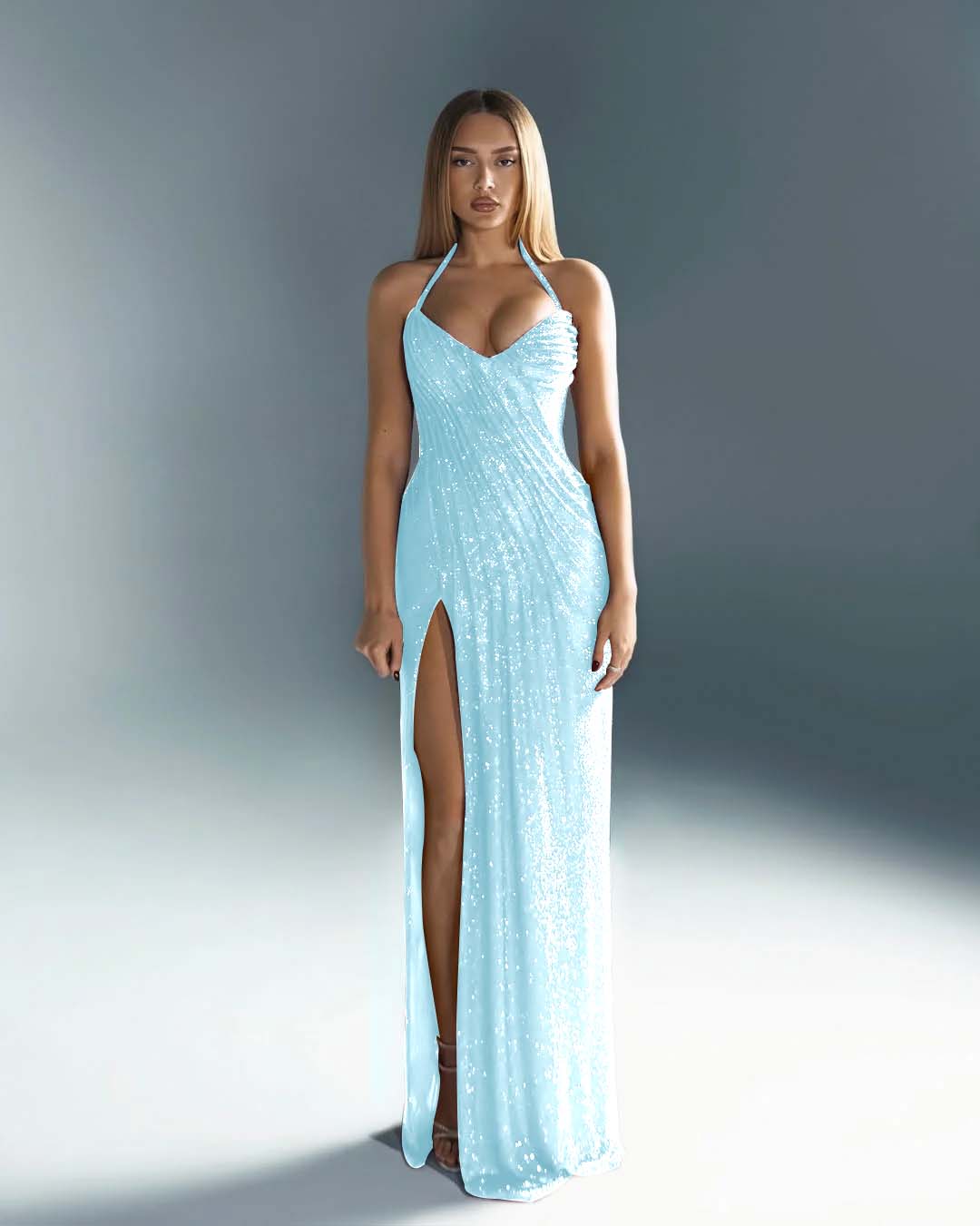 Halter V-Neck Strapless Sleeveless Long Mermaid Prom Dress With Split And Pleated