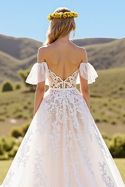Sweetheart Off-the-Shoulder Tulle Bridal Dresses A-Line Long With Lace Appliques Open Back