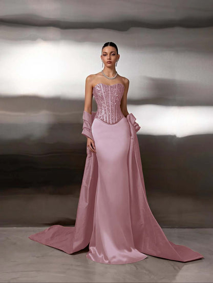 Satin Strapless Sleeveless Long Mermaid Prom Dress With Ruffles And Sequins