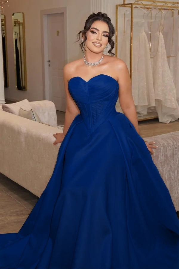 Satin Sweetheart Strapless Sleeveless Long Pleated Mermaid Prom Dress With Corset
