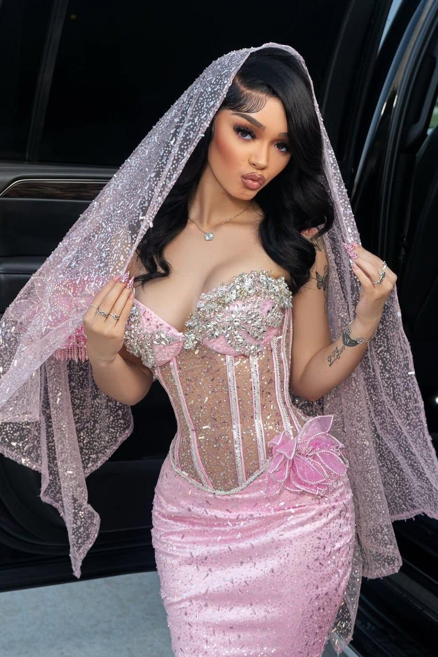 Pink Sweetheart Off-the-Shoulder Mermaid Sequins Prom Dress With Beads