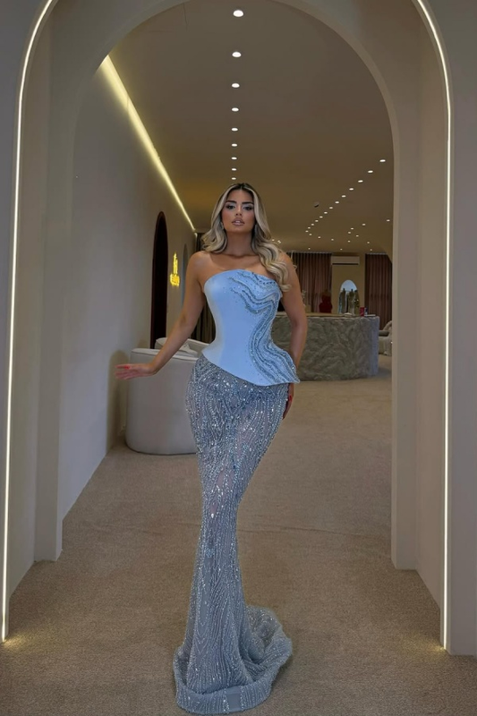 Tulle Strapless Sleeveless Long Mermaid Prom Dress With Beadings And Corset