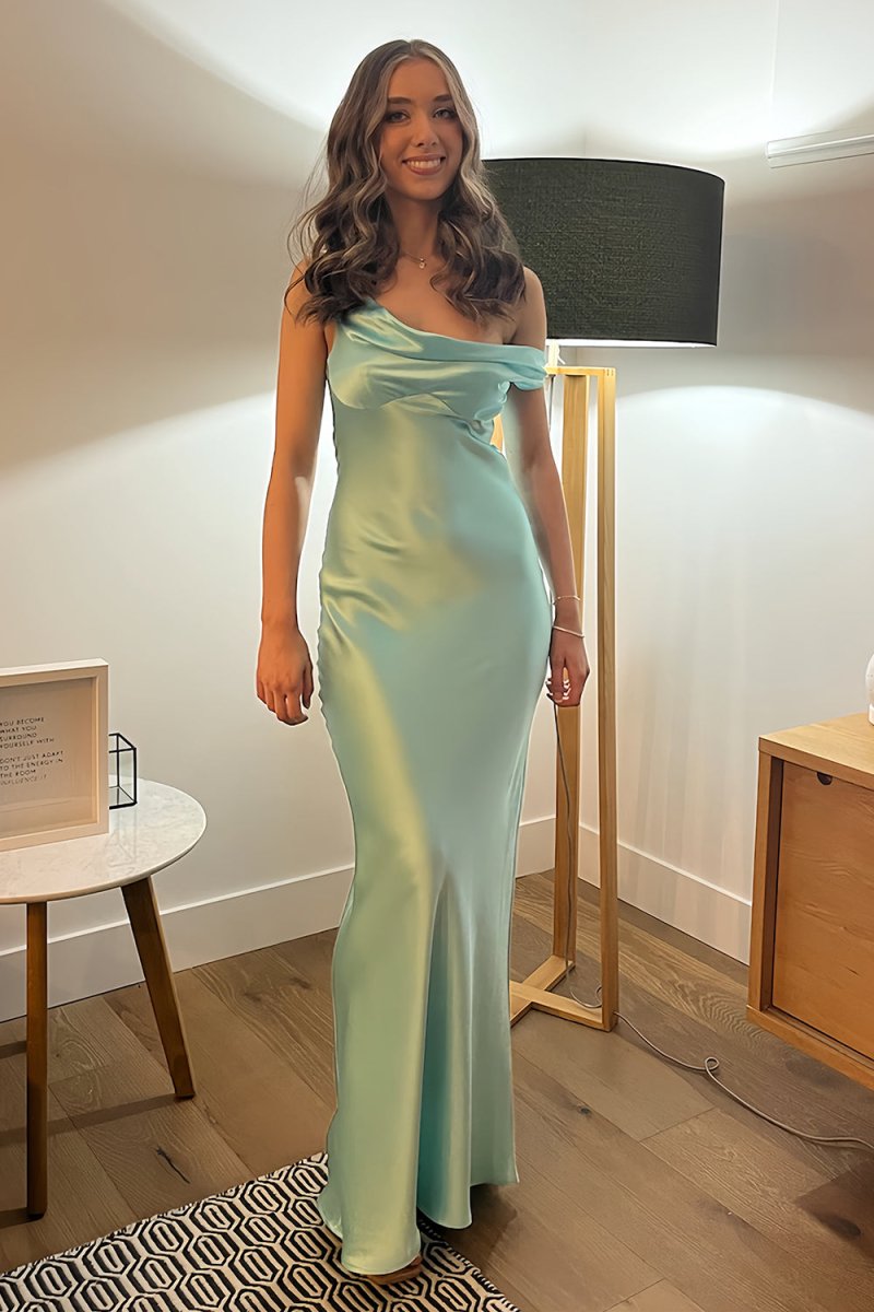 Aqua - One Shoulder Sheath Satin Long Prom Dresses