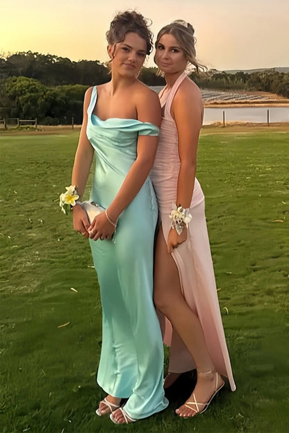 Aqua - One Shoulder Sheath Satin Long Prom Dresses