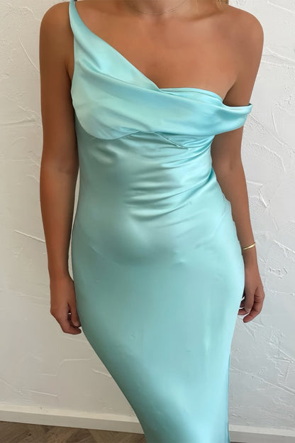 Aqua - One Shoulder Sheath Satin Long Prom Dresses
