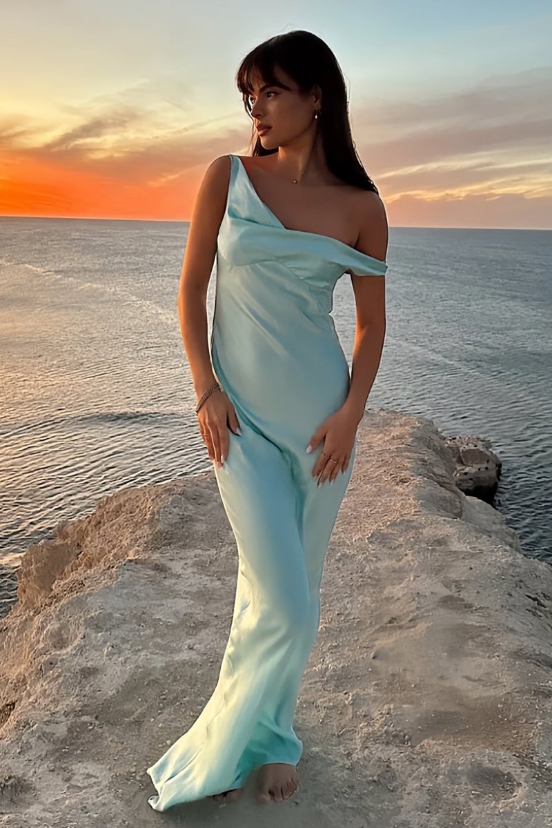 Aqua - One Shoulder Sheath Satin Long Prom Dresses