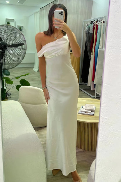White - One Shoulder Sheath Satin Long Prom Dresses