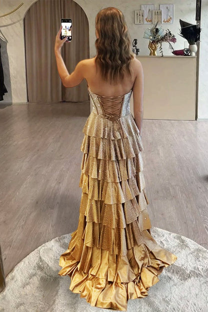 Gold - Strapless A Line Satin Ruffled Long Formal Prom Dresses With Beading