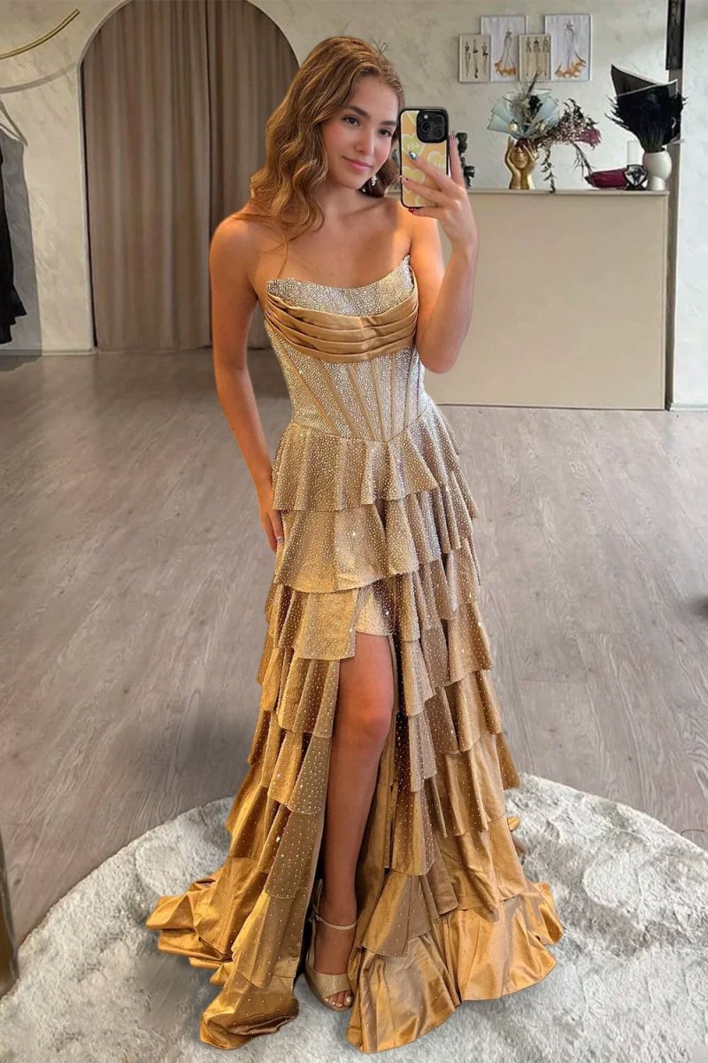 Gold - Strapless A Line Satin Ruffled Long Formal Prom Dresses With Beading