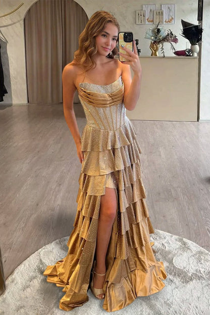 Gold - Strapless A Line Satin Ruffled Long Formal Prom Dresses With Beading