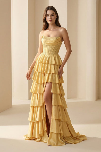 Gold - Strapless A Line Satin Ruffled Long Formal Prom Dresses With Beading