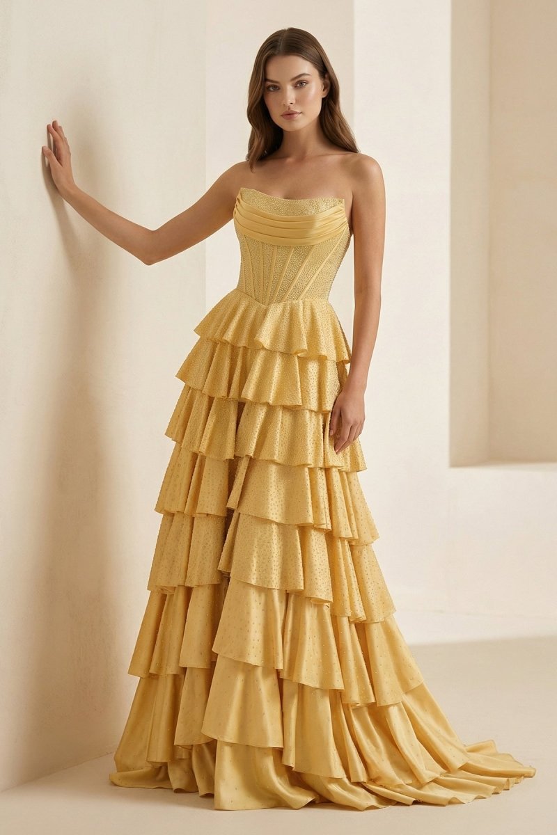 Gold - Strapless A Line Satin Ruffled Long Formal Prom Dresses With Beading