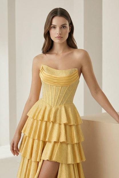 Gold - Strapless A Line Satin Ruffled Long Formal Prom Dresses With Beading