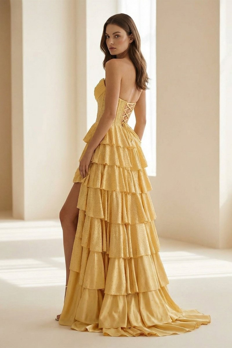 Gold - Strapless A Line Satin Ruffled Long Formal Prom Dresses With Beading