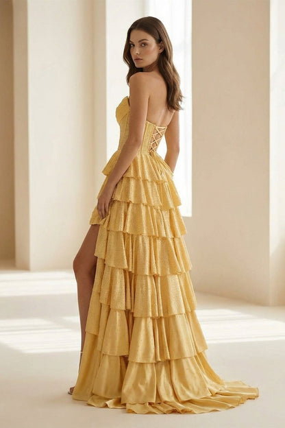 Gold - Strapless A Line Satin Ruffled Long Formal Prom Dresses With Beading