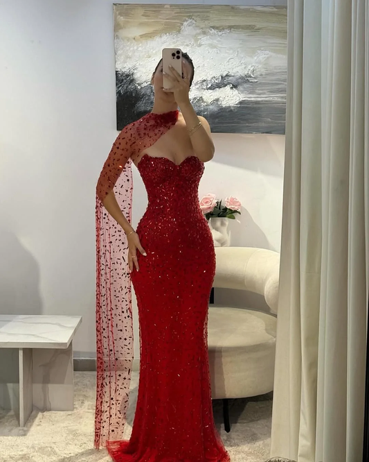 Tulle V-Neck Strapless Sleeveless Long Mermaid Prom Dress With Sequins And Ruffles