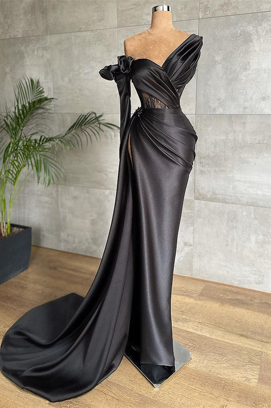 Black One Shoulder Long Sleeve Lace Pleated Long Prom Dress With Side Split