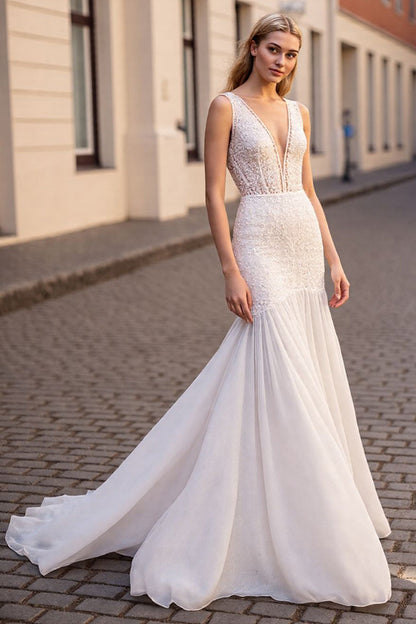 V-Neck Sleeveless Mermaid Chiffon Wedding Dress Backless With Appliques On Sale