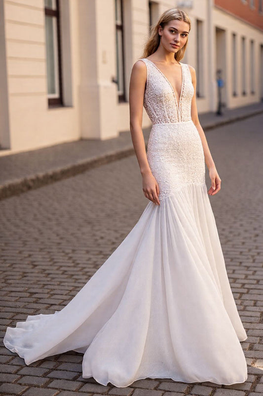 V-Neck Sleeveless Mermaid Chiffon Wedding Dress Backless With Appliques On Sale