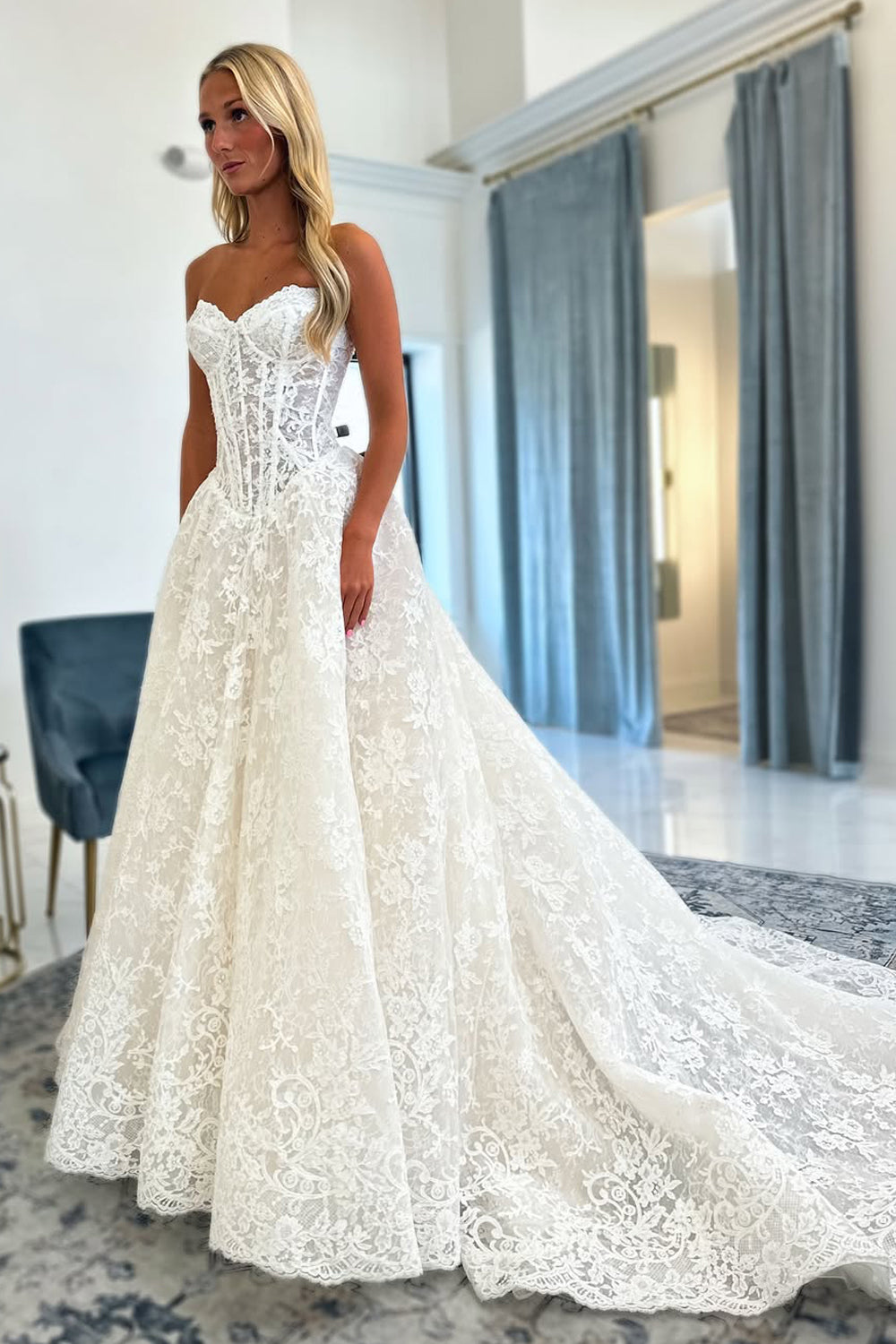 Bohemian A Line Sweetheart Lace Wedding Dress