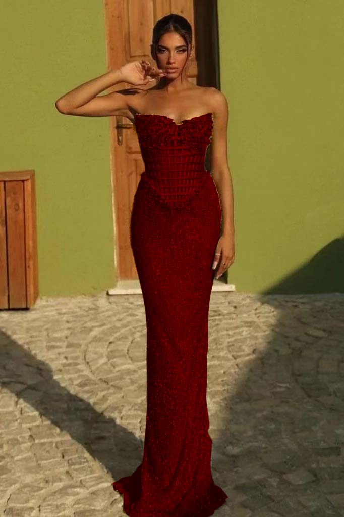 Sleeveless Strapless Long Mermaid Prom Dress With Sequin Pleated