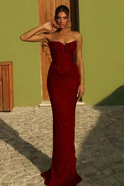 Sleeveless Strapless Long Mermaid Prom Dress With Sequin Pleated