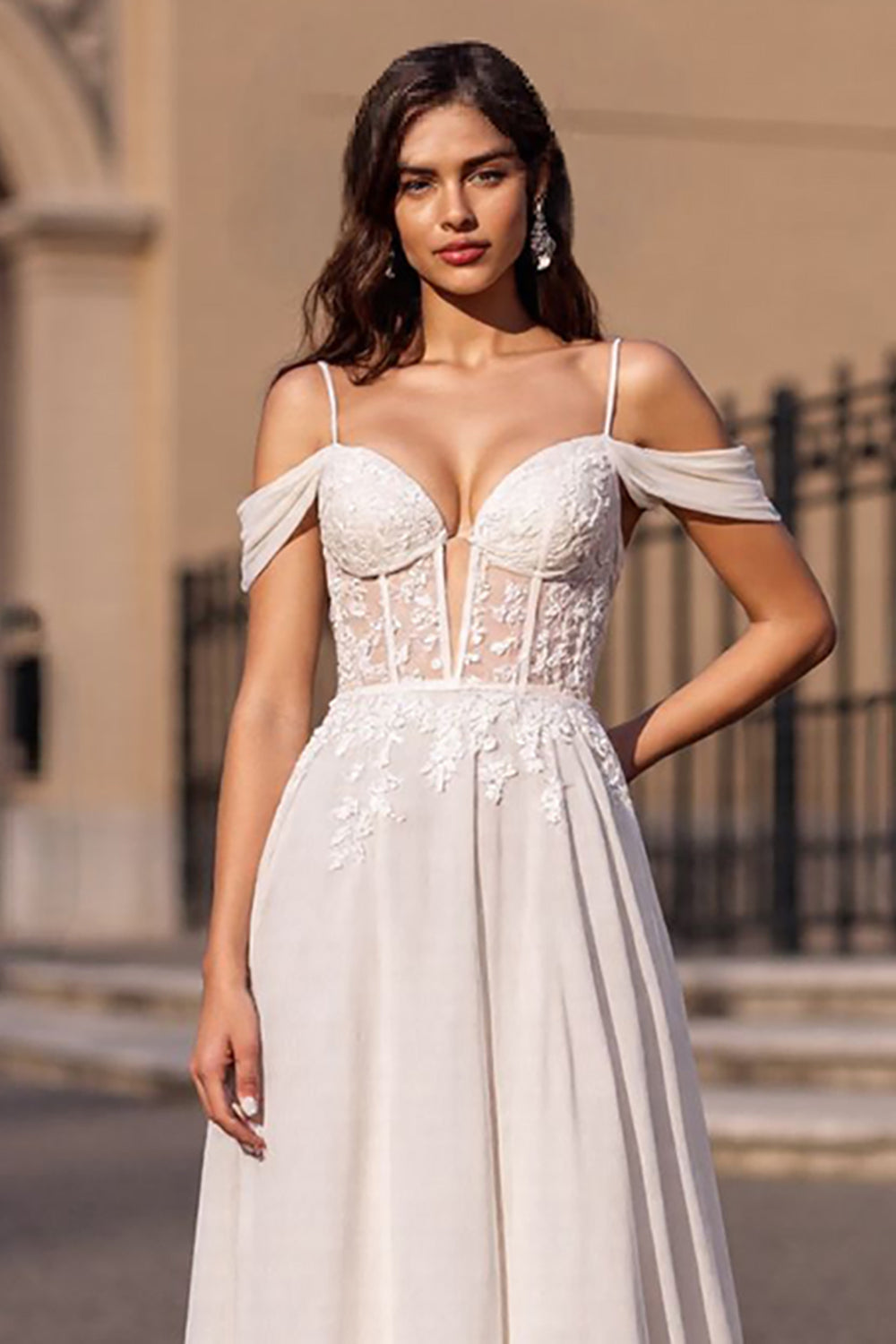 Off-the-Shoulder Sweetheart Chiffon Wedding Dress A-Line Appliques With Lace-up Back