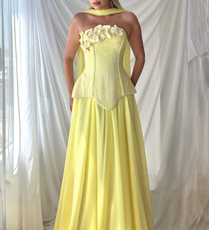 Miabel Elegant Yellow Strapless Sleeveless Square Evening Dress With Handmade Flower