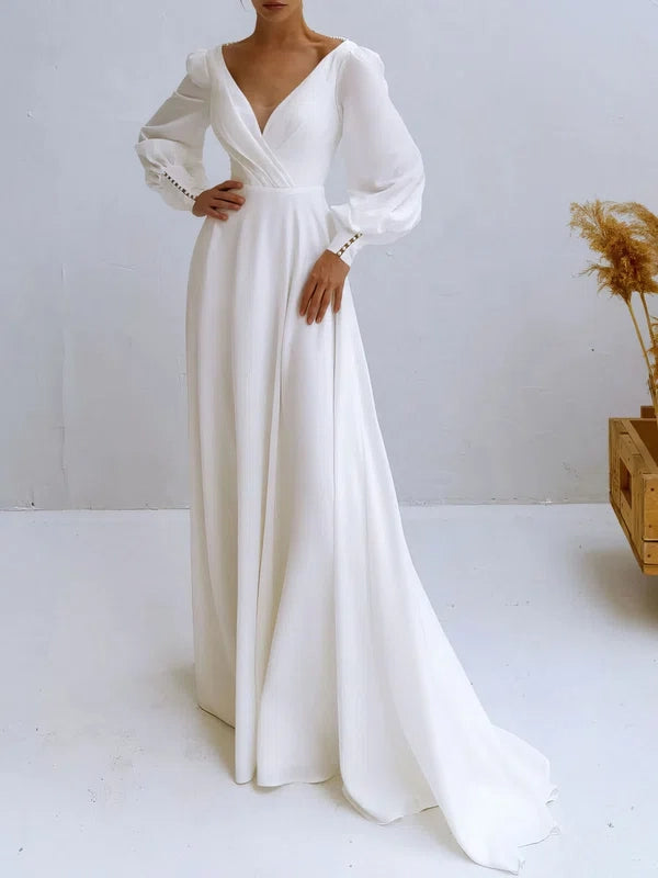 A-Line V-Neck Long Sleeves Sweep Train Chiffon Wedding Dresses