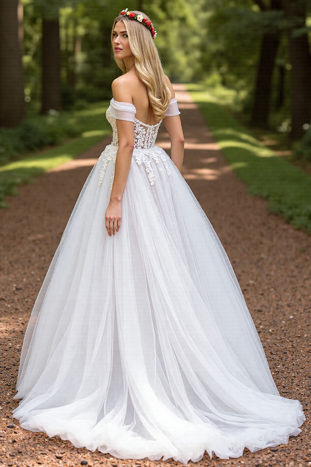 Sweetheart Off-the-Shoulder Tulle Wedding Dress A-Line Slit With Lace Appliques