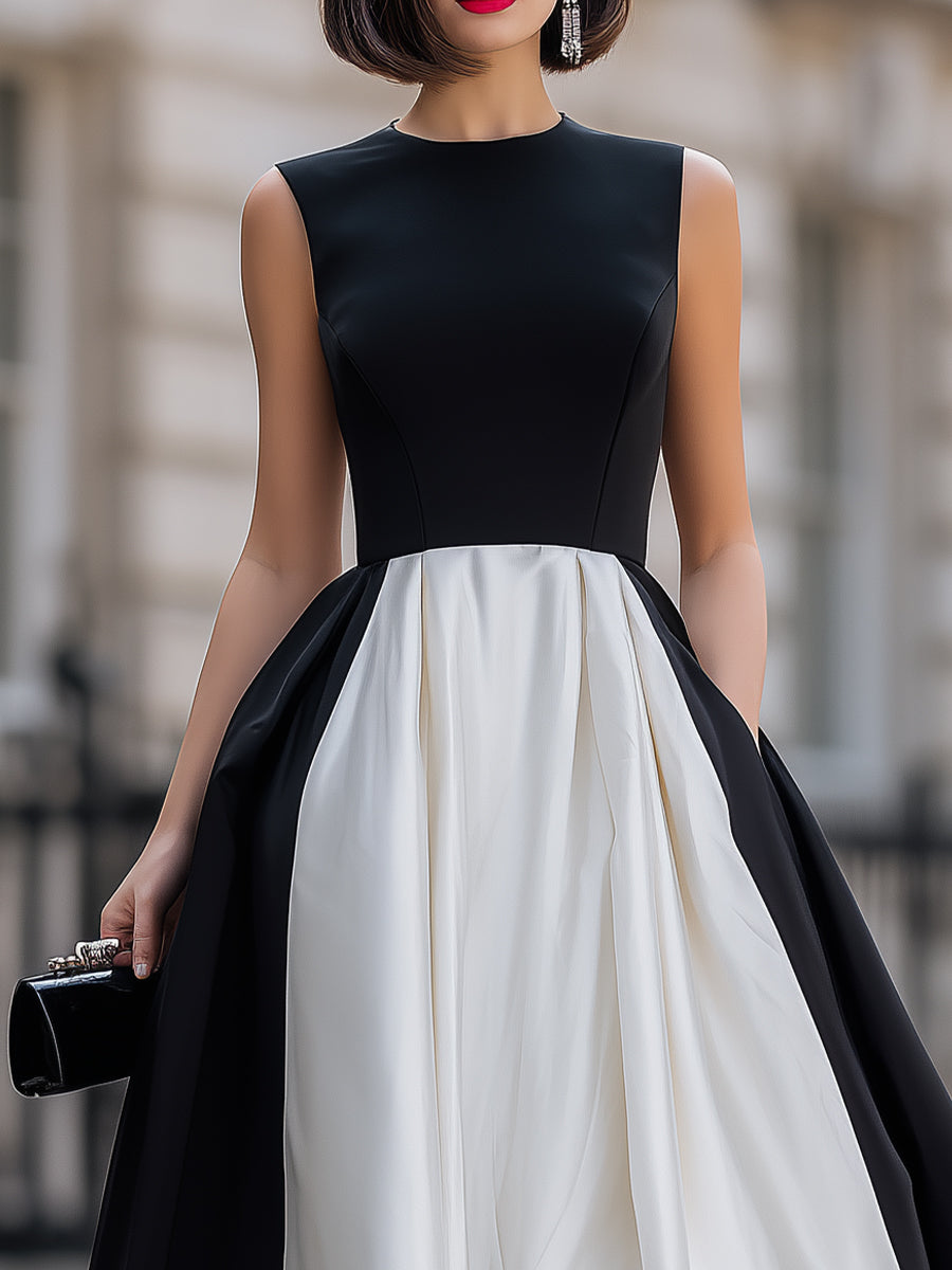 Black White Color Block Sleeveless Fit-and-Flare Midi Dress