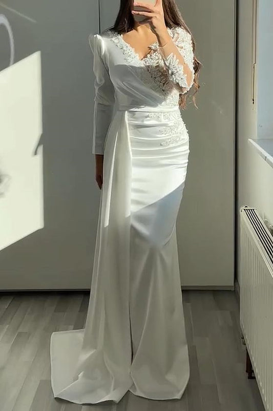 Long Sleeves Ruffles V Neck Pleated Mermaid Prom Dress With Lace Appliques