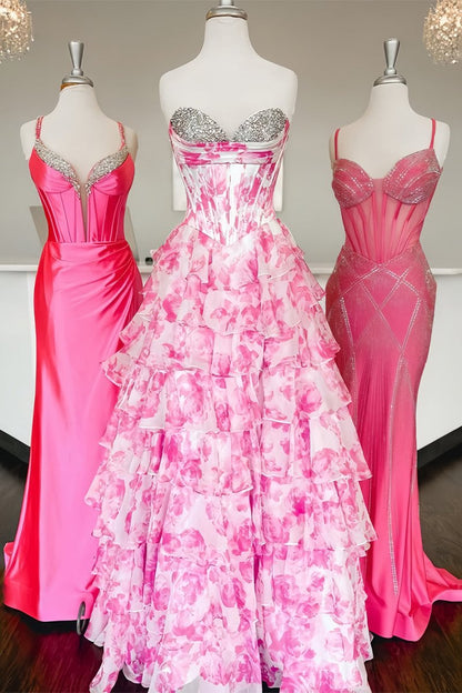 Pink - A-Line Floral Chiffon Strapless Ruffled Beaded Long Prom Dresses with Slit