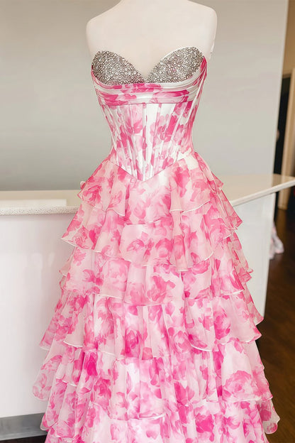 Pink - A-Line Floral Chiffon Strapless Ruffled Beaded Long Prom Dresses with Slit