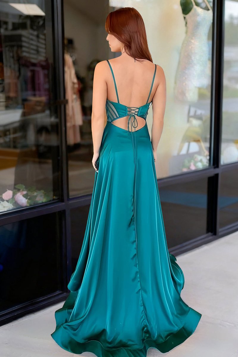 Emerald - A-Line Spaghetti Straps Satin Long Prom Dresses With Slit