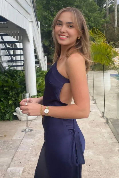 Navy Blue - One Shoulder Sheath Satin Backless Long Prom Dresses