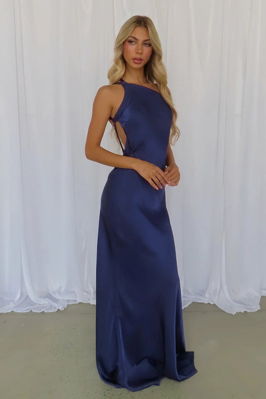 Navy Blue - One Shoulder Sheath Satin Backless Long Prom Dresses