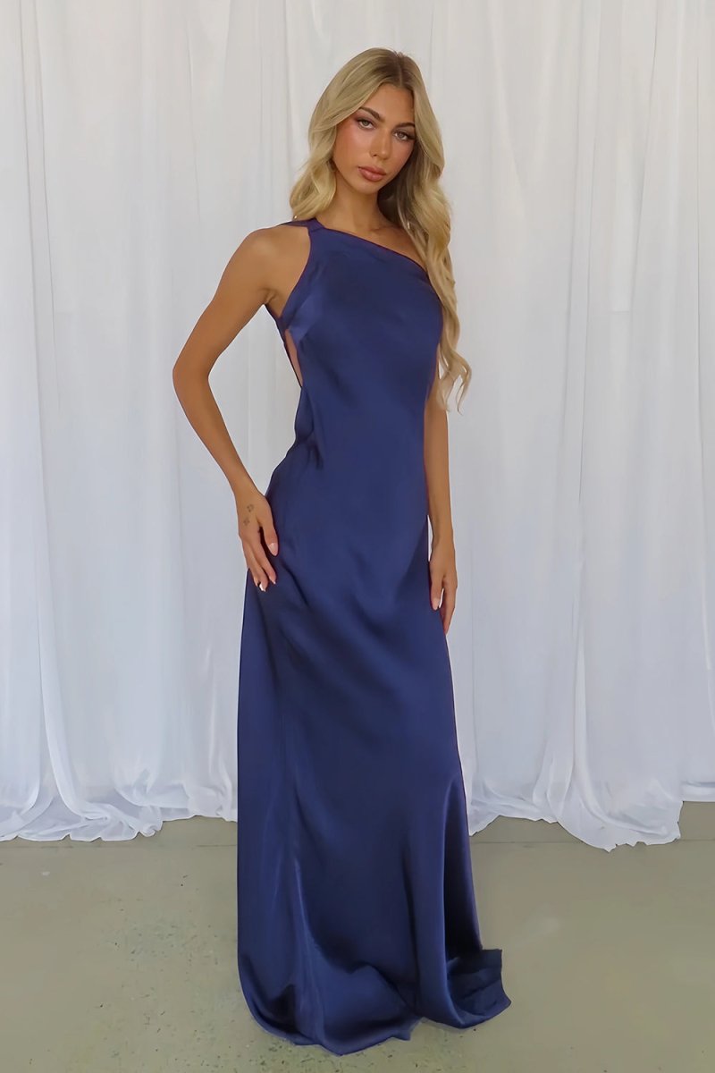 Navy Blue - One Shoulder Sheath Satin Backless Long Prom Dresses