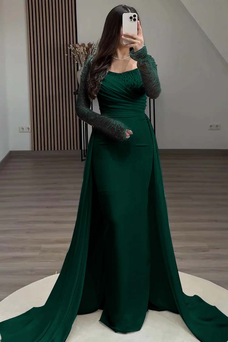 Square Neck Long Sleeves High Waist Long Pleated Mermaid Prom Dress With Beadings And Ruffles