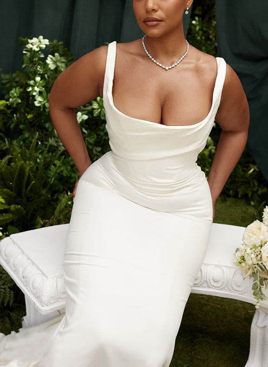 Charmeuse Mermaid Fitted Wedding Dress Cowl Neck Sleeveless Design Sweep Train