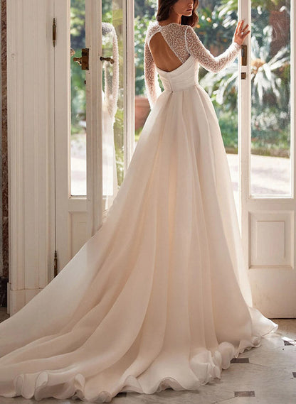 Chic A-line Square Neckline Long Sleeves Chiffon Wedding Dresses High Split