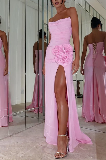 Pink - Strapless Mermaid Chiffon Pleated Long Prom Dresses With Floral