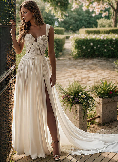 Chiffon Wedding Dress Split Front Chic A-line Sweep Train