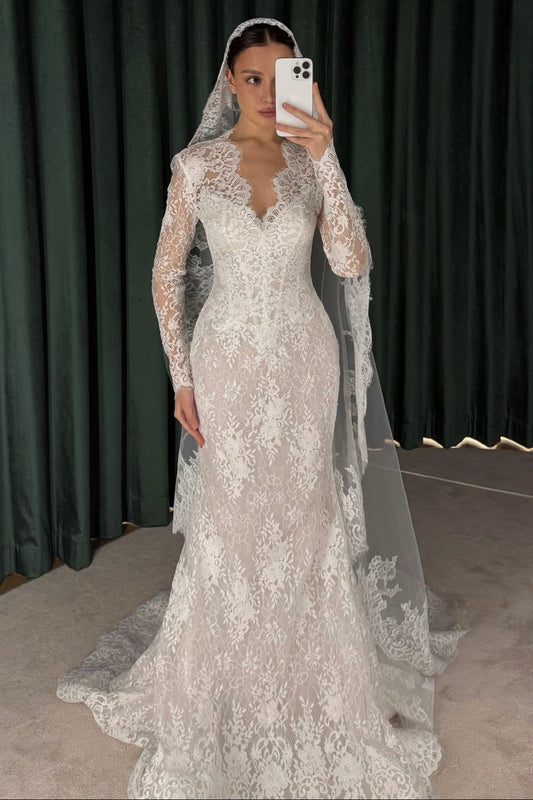 V-Neck Long Sleeve Lace Mermaid Floor-Length Wedding Dress