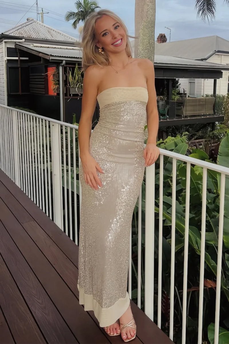 Champagne - Sheath Strapless Sequined Long Prom Dresses