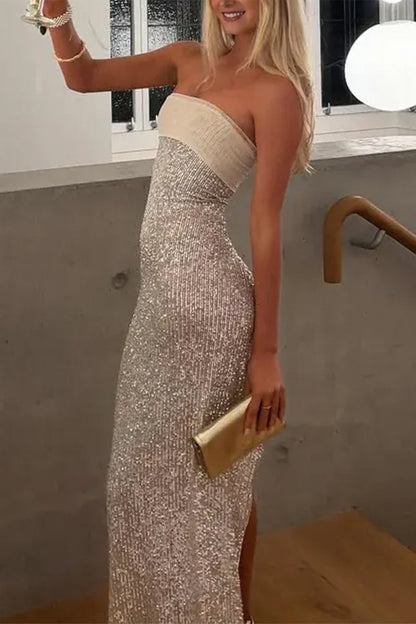 Champagne - Sheath Strapless Sequined Long Prom Dresses